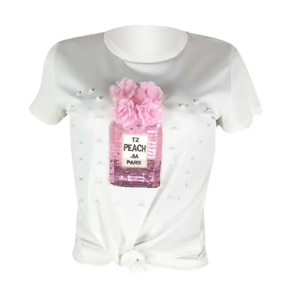 T-Shirt With A Sequin Perfume Bottle design and pearls🩷 - Picture 5 of 5